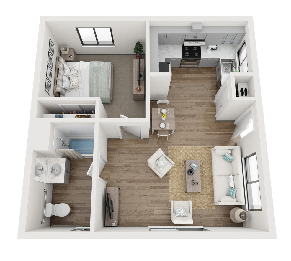 Floor plan for 1 bed, 1 bath, 576 sqft